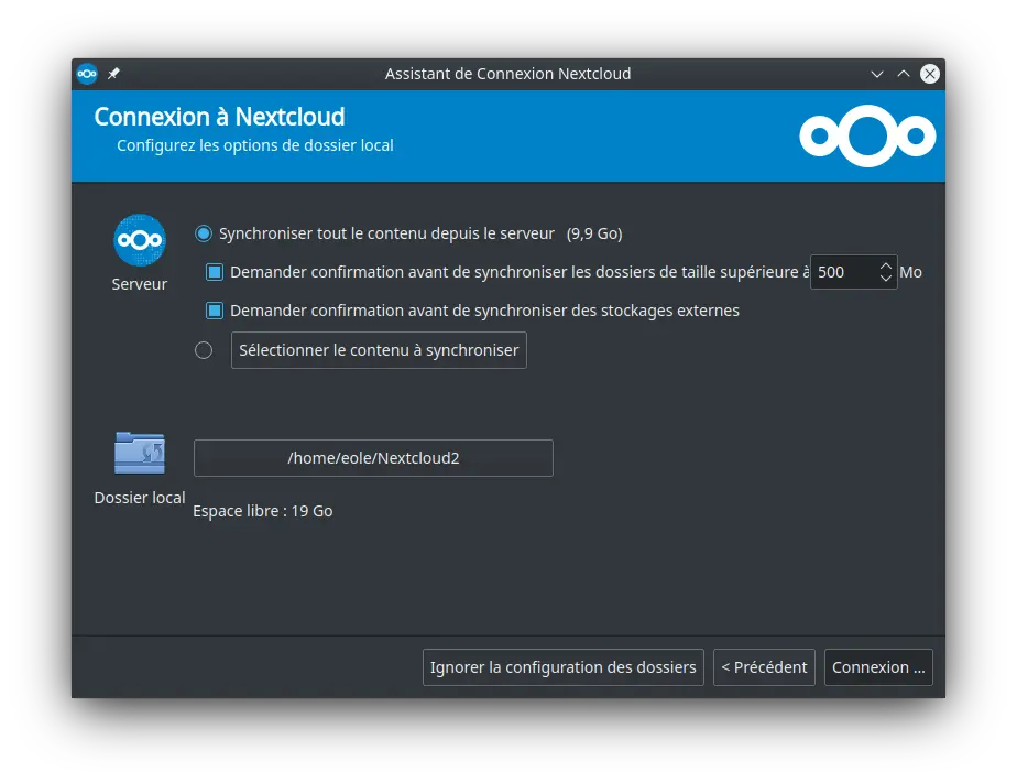 fenêtre configuration nextcloud client